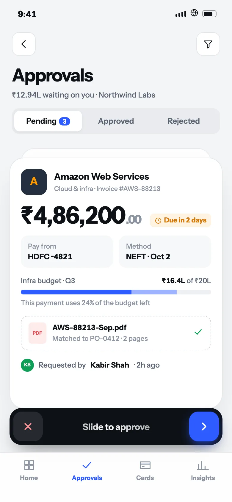 Tally: Payment approvals (phone screen, concept)