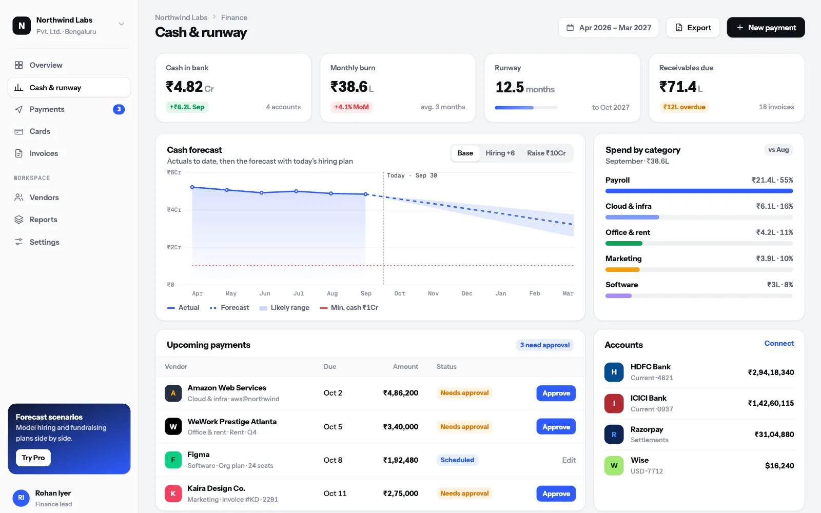 Tally: Cash & runway (desktop screen, concept)