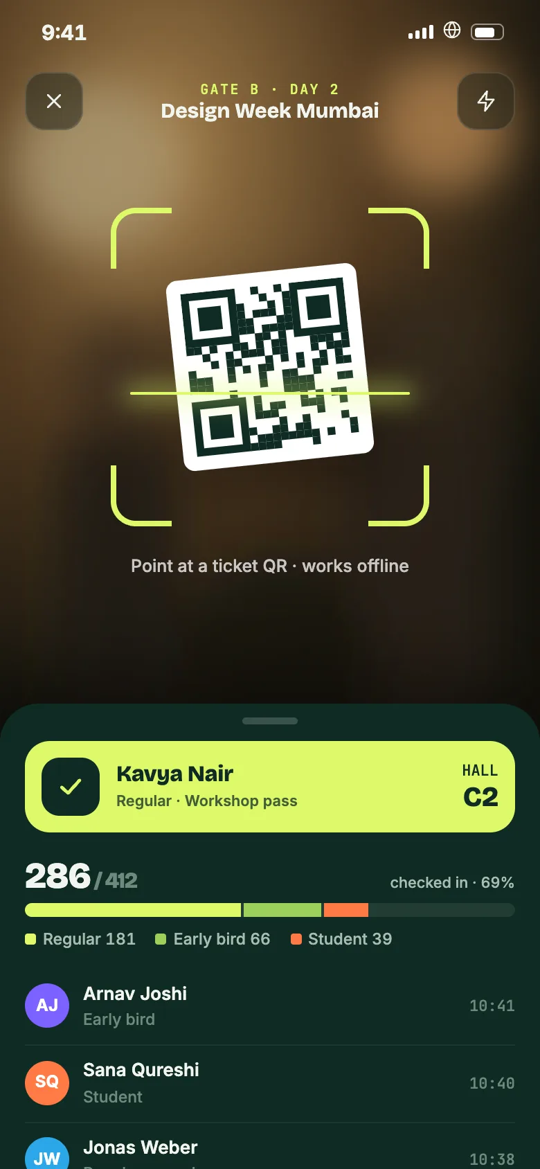 Gather: Event check-in (phone screen, concept)