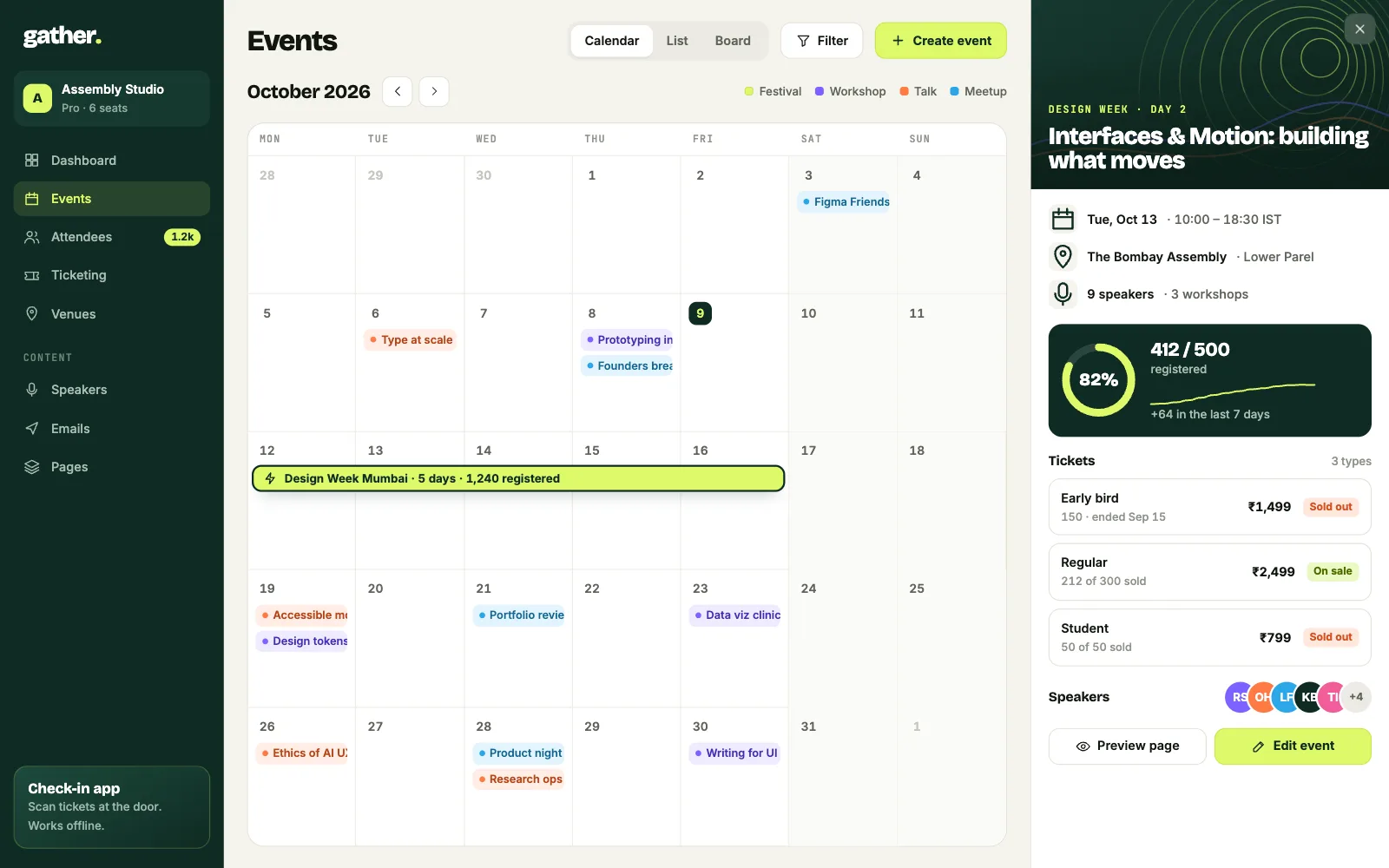 Gather: Events calendar (desktop screen, concept)