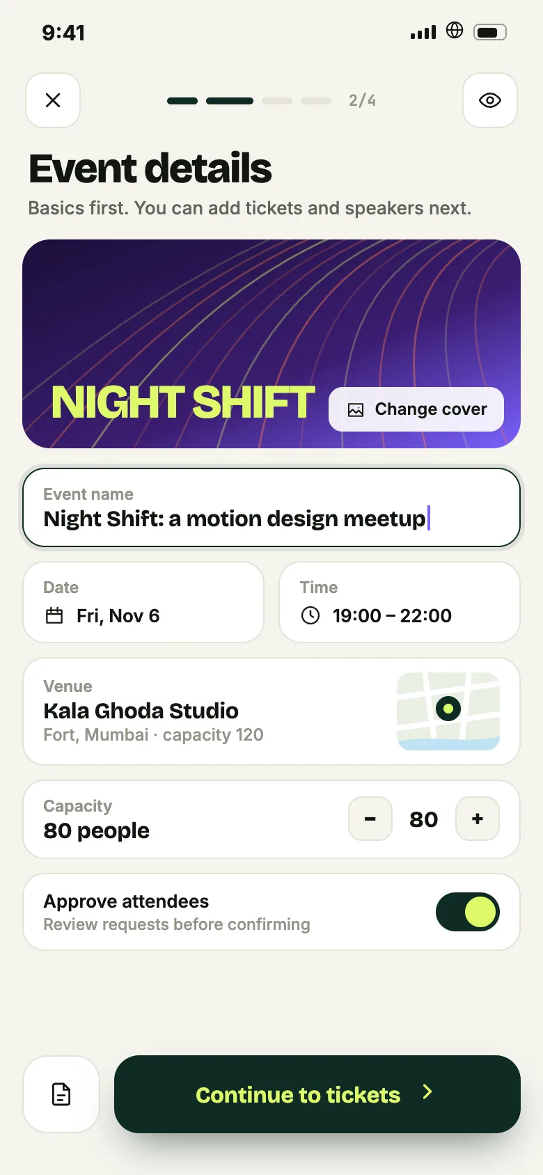 Gather: Create an event (phone screen, concept)